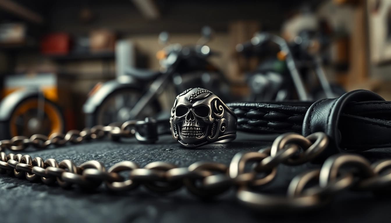 Bikerringshop präsentiert einen detaillierten Silberschädelring auf einer rauen Oberfläche.