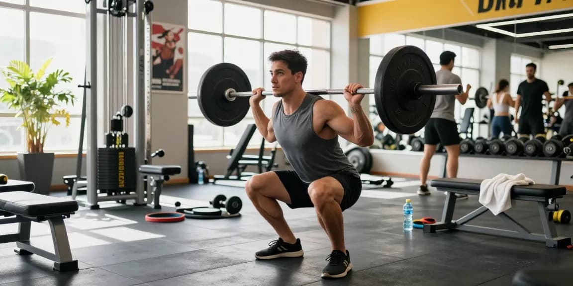 An athletic male in the Anabolika Shop gym, performing a barbell squat, surrounded by fitness equipment, capturing the intensity of workouts.