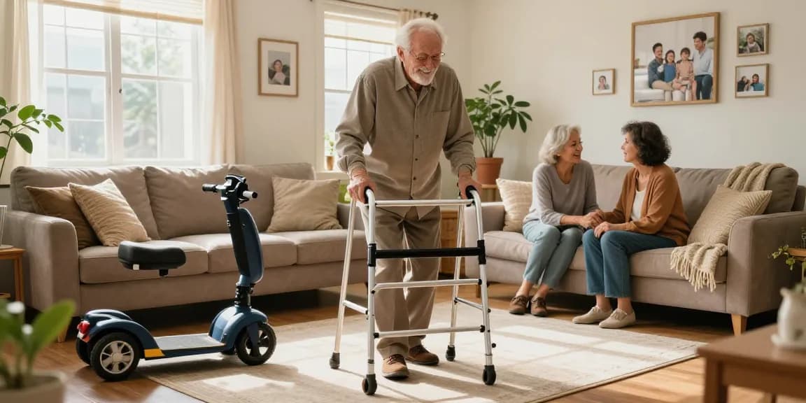 Elderly man using mobility aids in a cozy living room while engaging with family, highlighting the importance to buy nobility aids for independence.