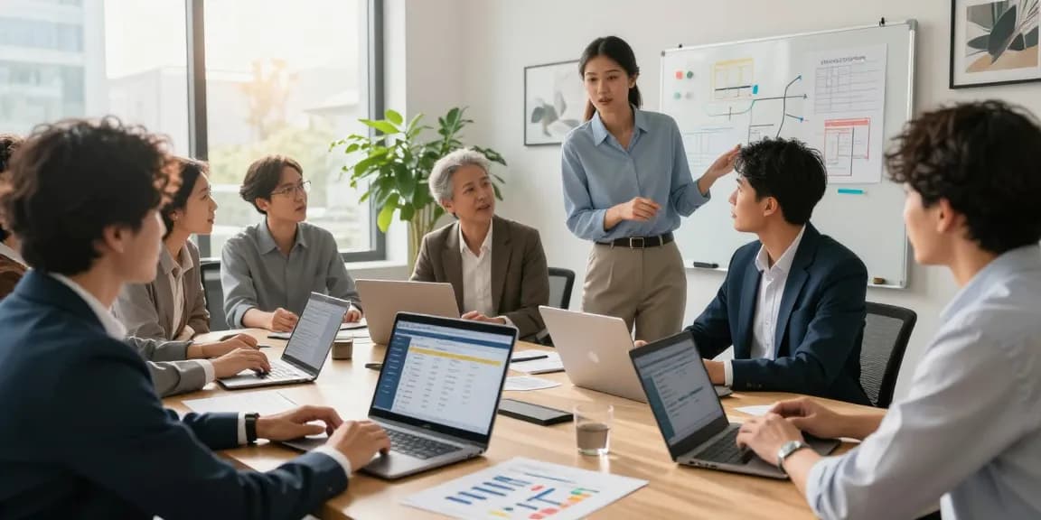 Team discussing field service software with scheduling and payments in a modern conference room, enhancing service business efficiency.