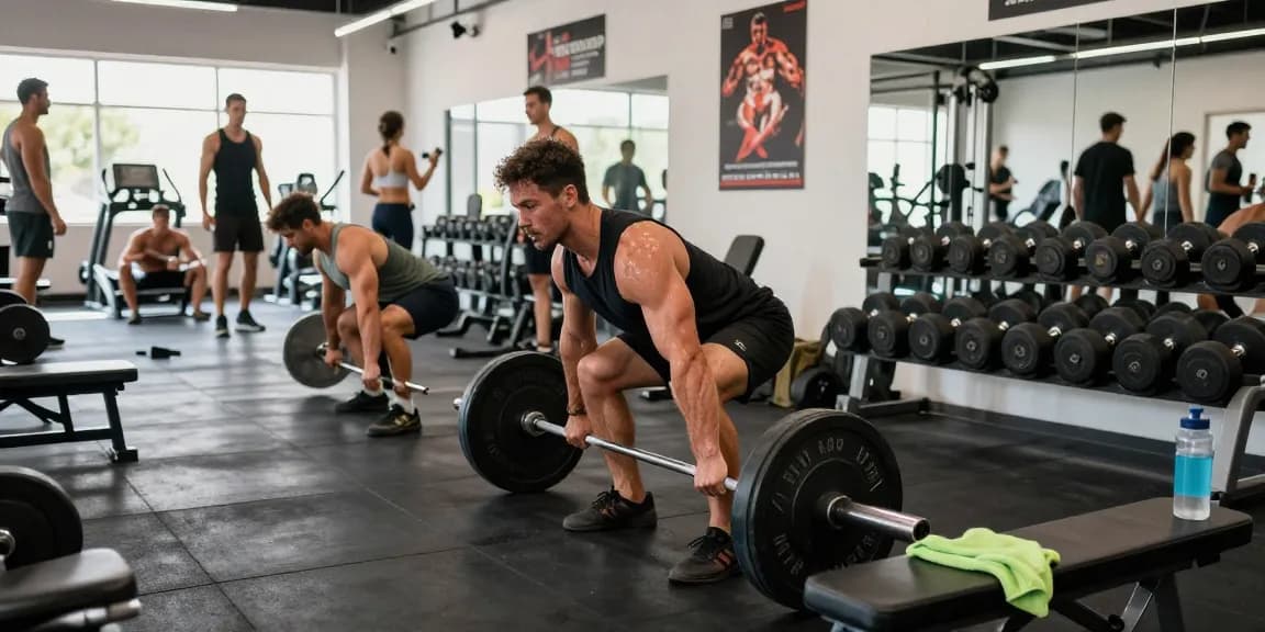 Bodybuilder, der im Fitnessstudio Gewichte hebt und die Muskelwachstumsreise von Steroidshop repräsentiert.