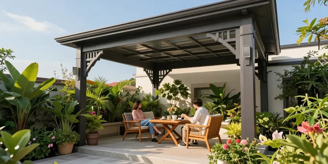 Freistehende Terrassenüberdachung im Garten mit gemütlicher Teerunde und grünen Pflanzen.