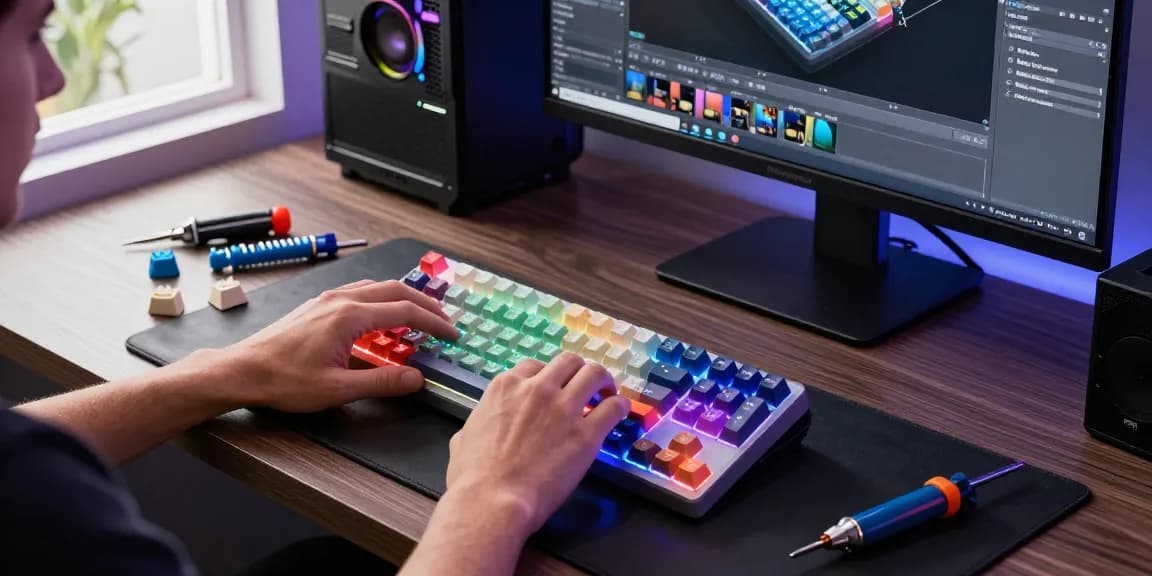 Assembling an mCHOSE custom mechanical keyboard with colorful switches and keycaps on a stylish desk.