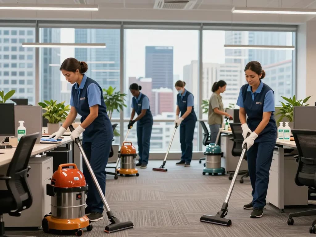 Professionelle Gebäudereinigung für Unternehmen in Münster mit einem Reinigungsteam, das eine tadellose Büroumgebung gewährleistet.