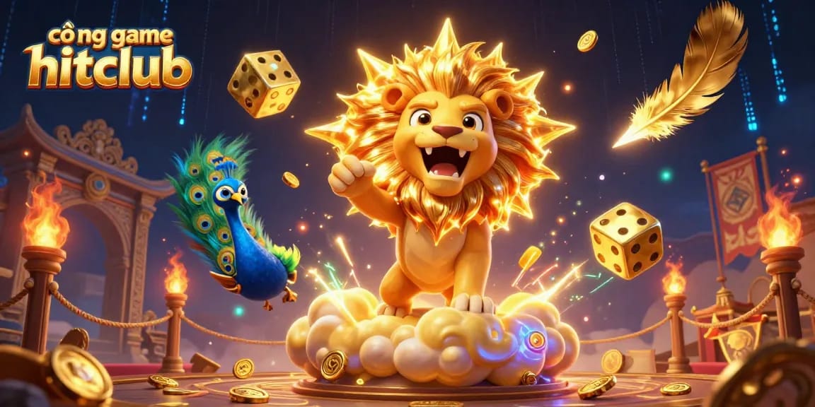 Experience the excitement of cổng game hitclub with thrilling 3D illustrations of a roaring sun lion and golden dice.