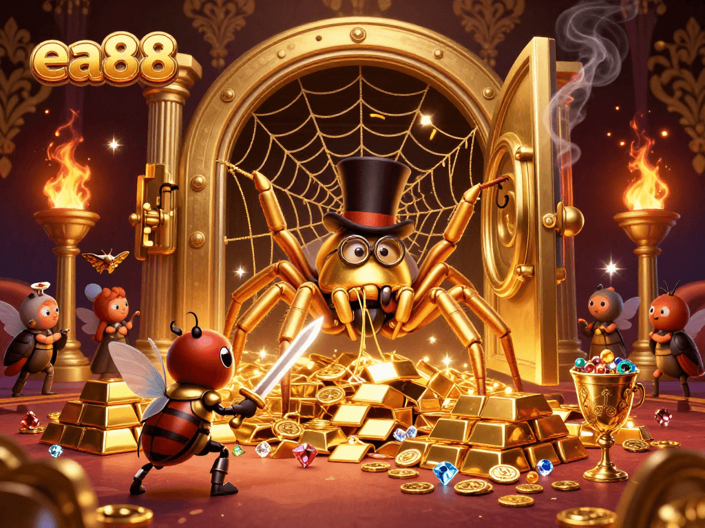 Engage in thrilling bets at ea88 with a 3D enchanting casino scene featuring characters and dazzling treasures.
