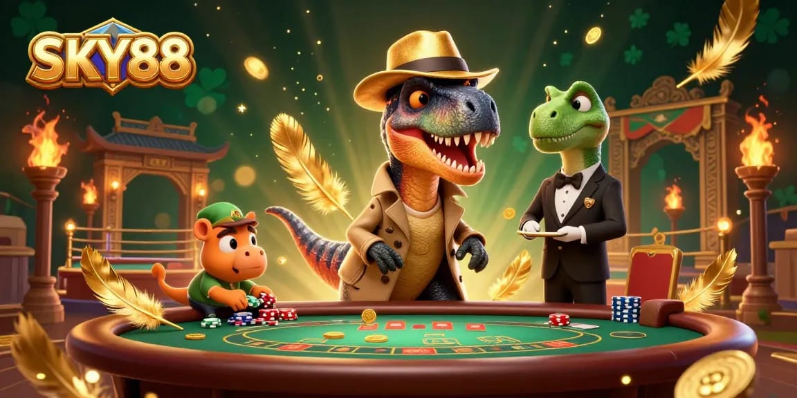 SKY88 velociraptor card counter amidst dramatic casino scene with gold coins and vibrant effects.