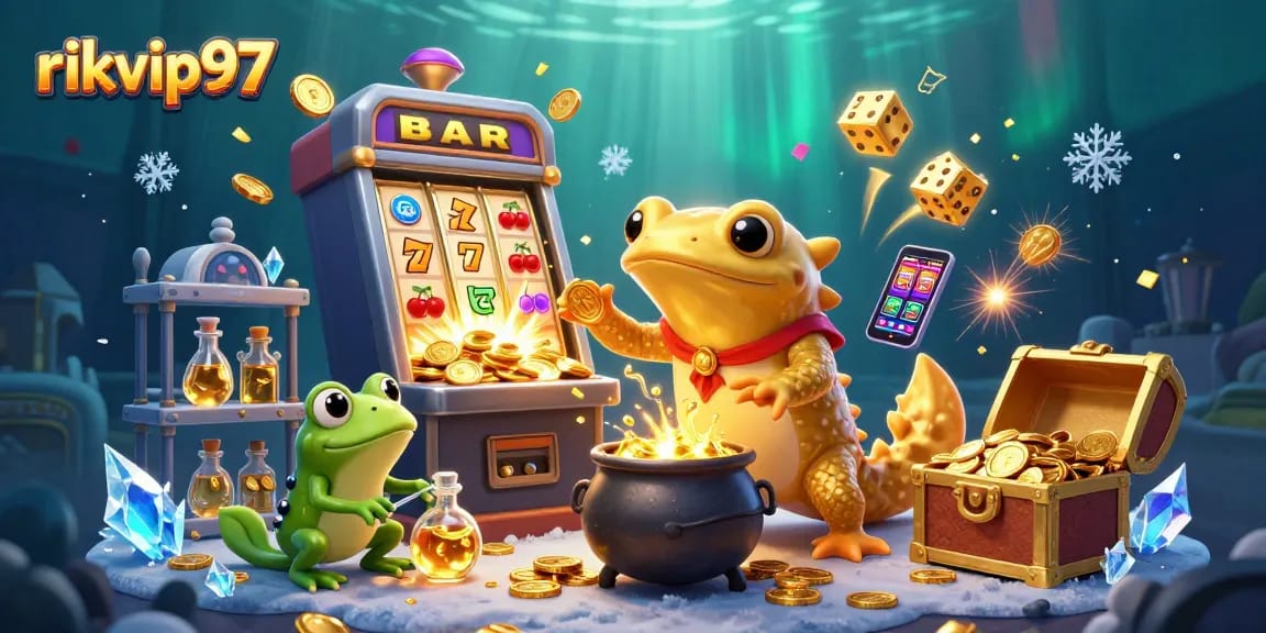Experience rich gameplay with rikvip97, featuring vibrant casino symbols and energetic characters.