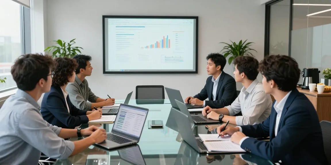 Venture capital project finance program meeting in a modern office setting with an engaged team discussing strategies.