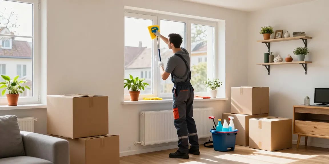 Umzugsreinigung Solothurn, durchgeführt von einem professionellen Reiniger in einem hellen Wohnzimmer.