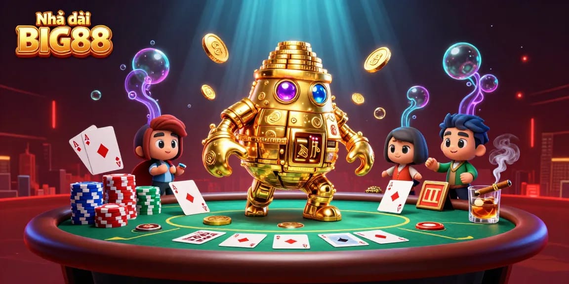 Experience thrilling action at Nhà cái BIG88 with a vibrant casino scene showcasing winning poker hands and gold coins