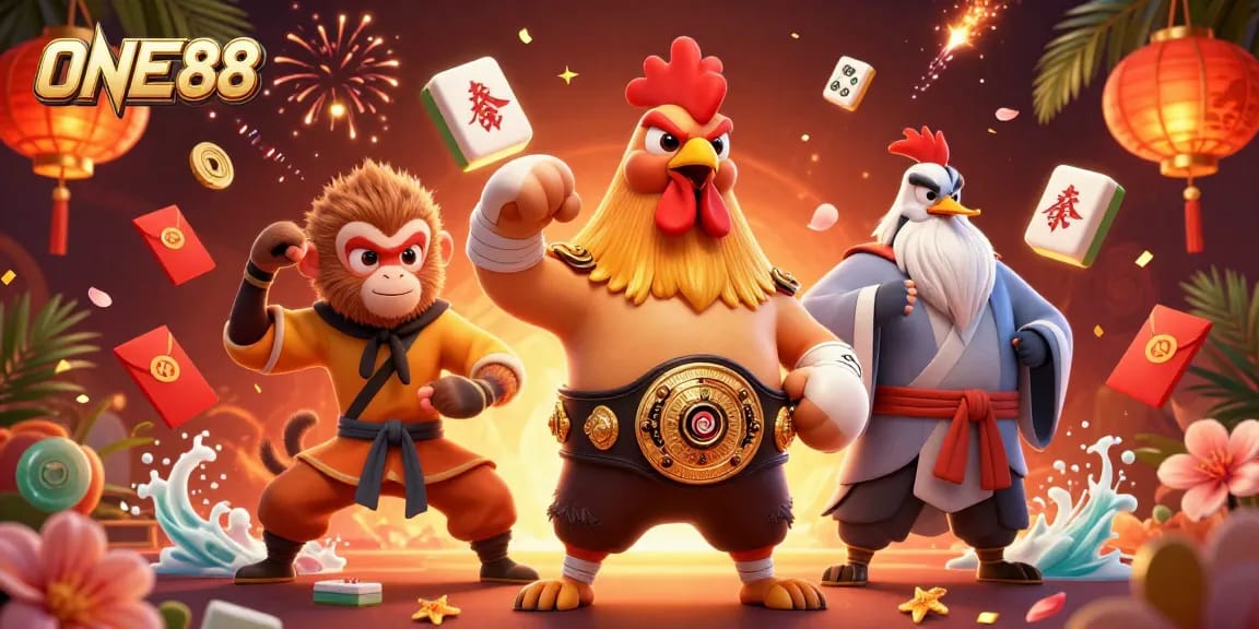 Engage with the thrilling world of ONE88 as vibrant characters celebrate casino gaming.