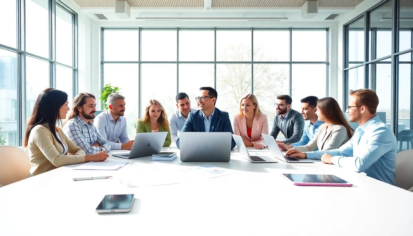 IT Consulting professionals collaborating in a bright office environment with diverse team members.