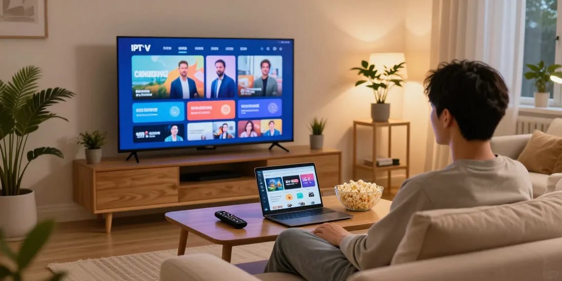 Entspannte Wohnzimmer-Szene mit IPTV-Inhalten, gemütliche Atmosphäre und modernen Annehmlichkeiten für IPTV-Nutzer.