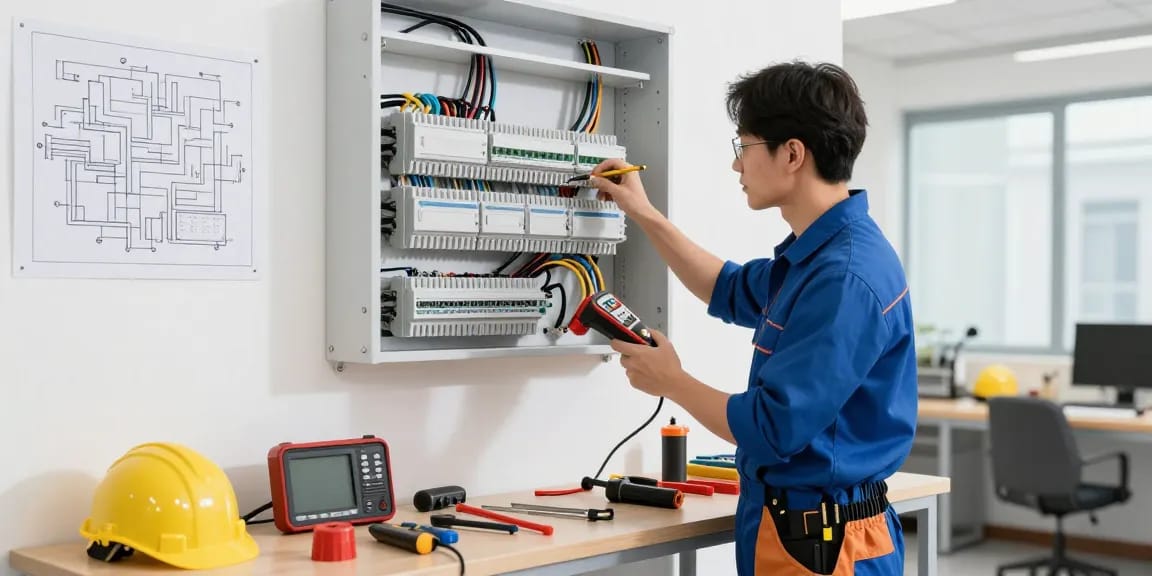 Elektriker in Essen und Umgebung überprüft moderne Elektroinstallationen in einem hellen Werkstattumfeld.