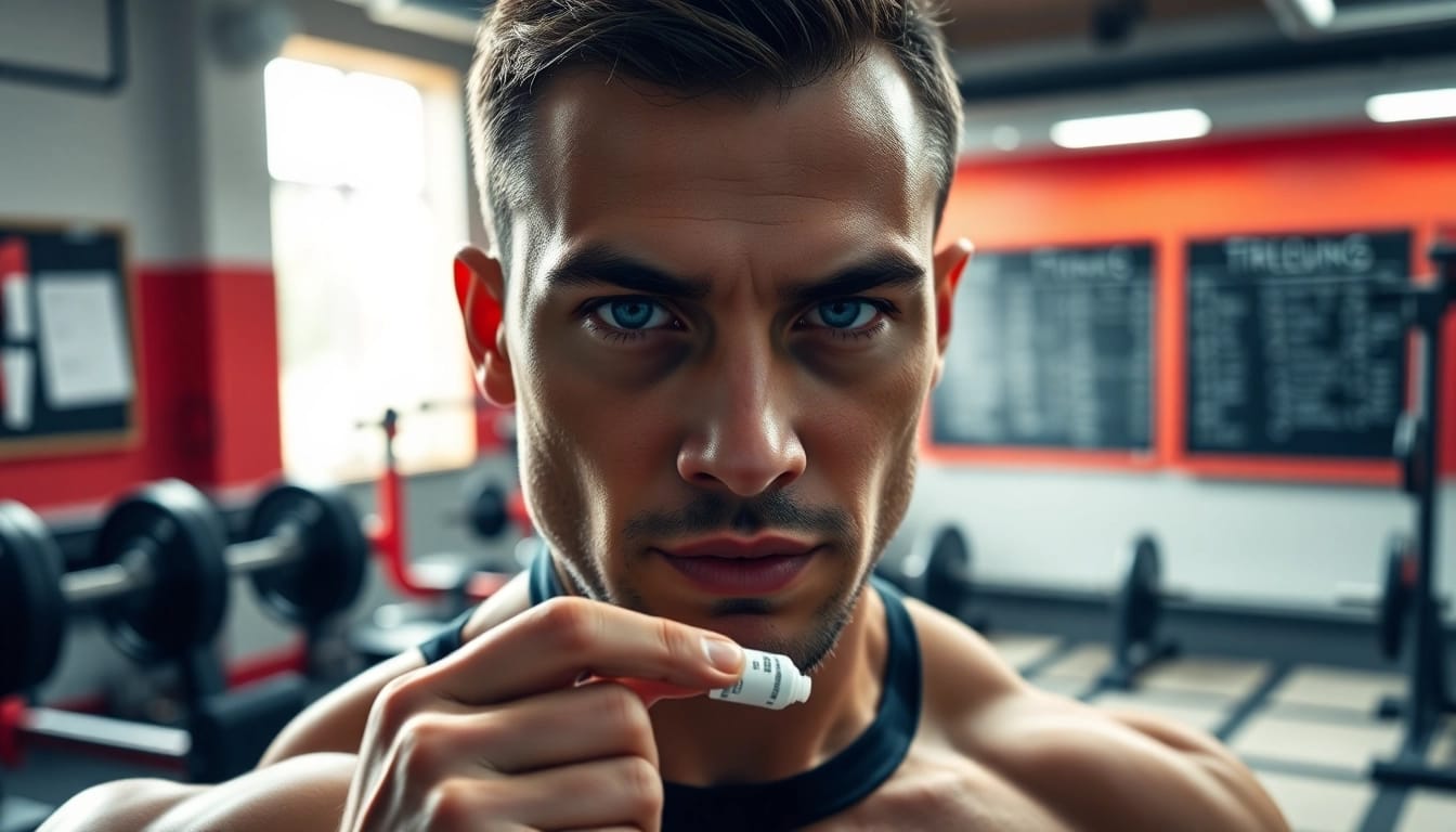 Clenbuterol kaufen: Sportler konzentriert bei der Vorbereitung im Fitnessstudio.
