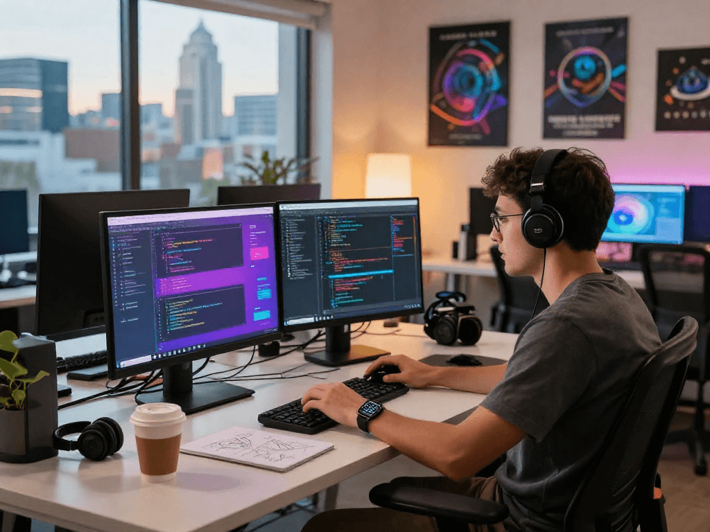 Skilled developer focused on debet software at a bright tech workspace with multiple monitors.