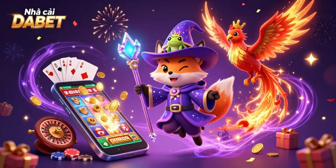 Engage with the enchanting Nhà cái DABET casino experience through a mystical wizard fox and phoenix.