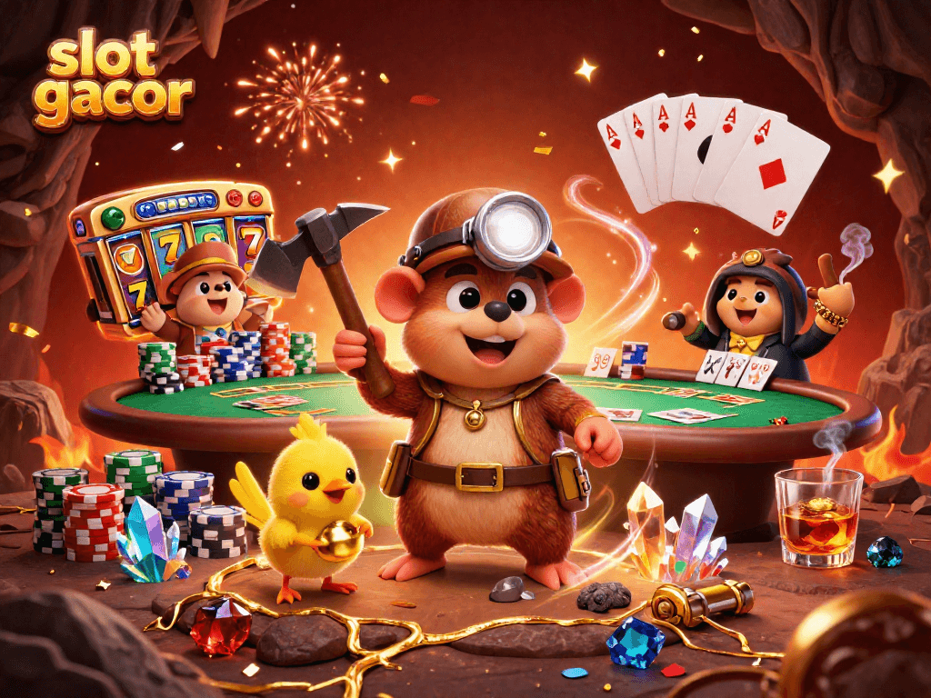 Experience slot gacor excitement with treasure hunter mole uncovering jackpots in a vibrant casino scene.