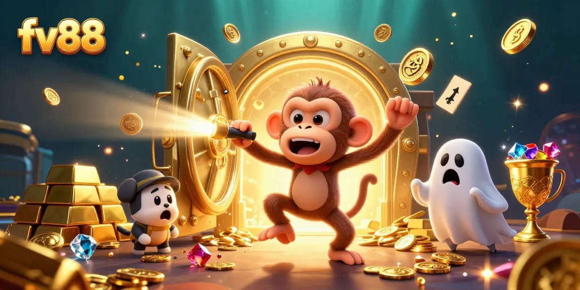 Experience the excitement of fv88 with a mischievous monkey juggling gold in a dynamic casino scene.