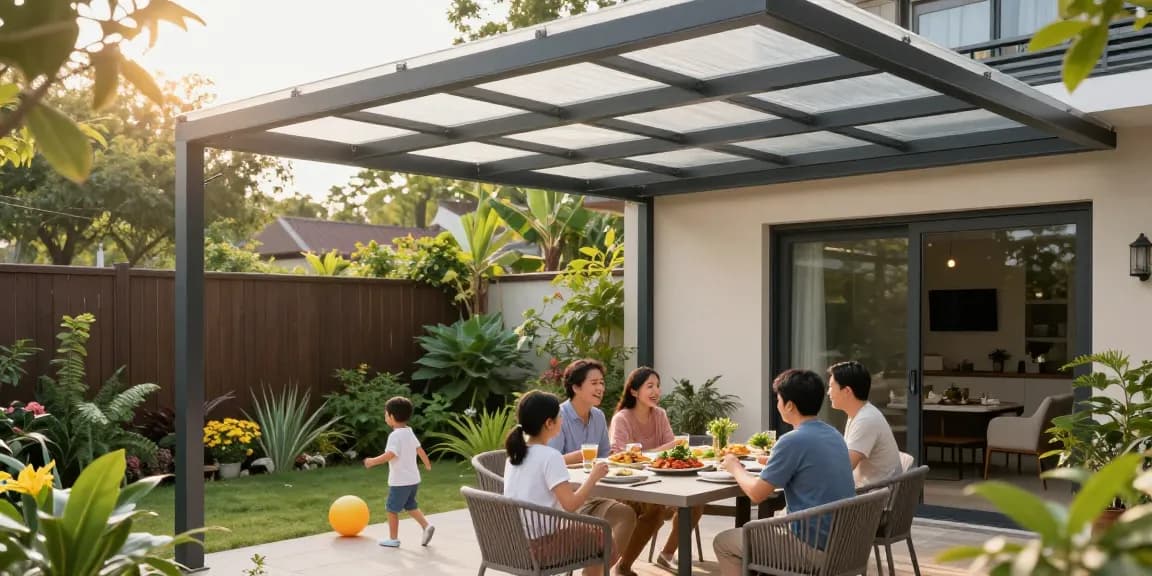 Terrassenüberdachung mit modernen Designs, Familienessen in einem einladenden Garten.