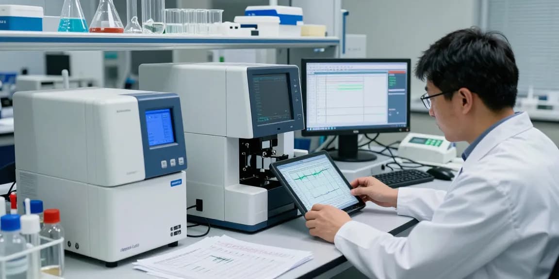 Aegean Labs Peptide testing in a modern laboratory with a scientist analyzing HPLC data.