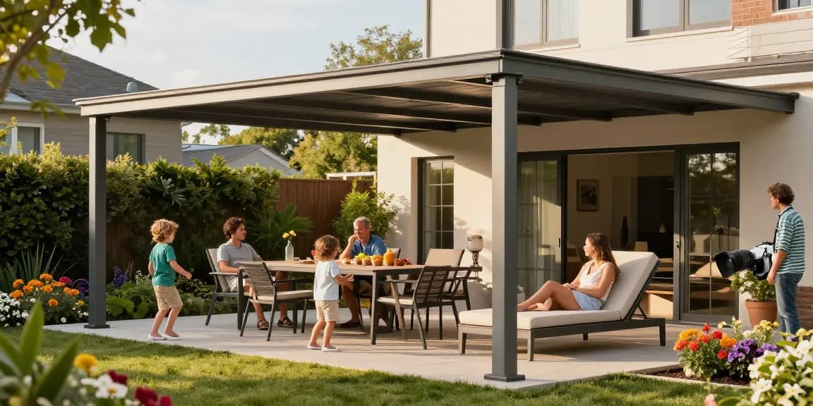 Terrassenüberdachungen im modernen Garten mit Familie und bunten Pflanzen