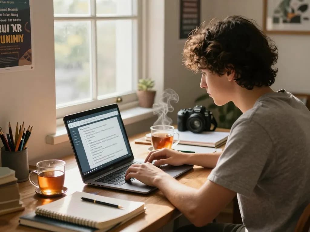 Student verwendet Hausaufgaben Löser auf einem Laptop in einem gemütlichen Arbeitszimmer.