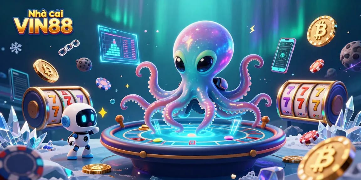 Engage with Nhà cái VIN88 as an alien octopus plays poker among vibrant cryptocurrency elements.