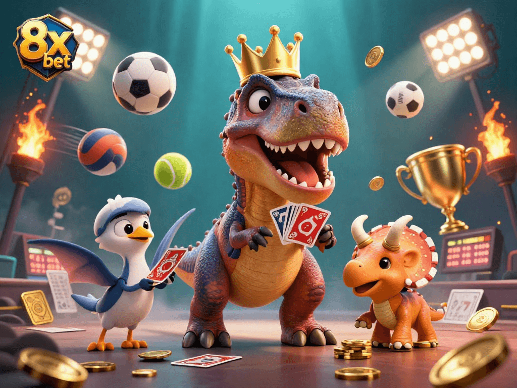 Experience the thrill of 8x bet with an animated poker scene featuring dinosaurs and lively sports elements.
