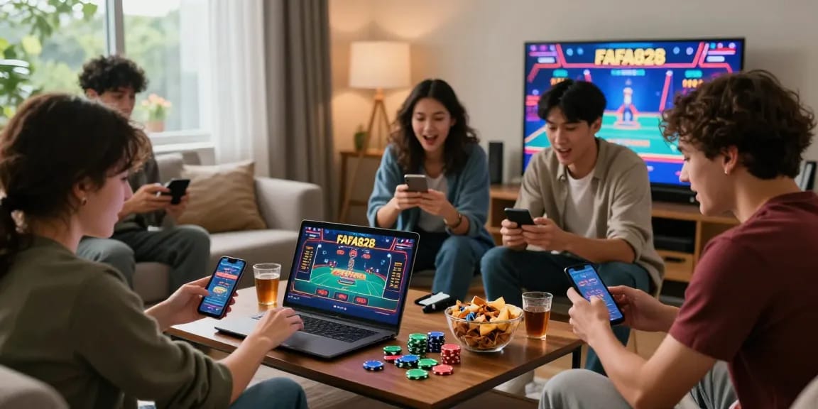 Friends engaging with FAFA828 online gambling on laptops and smartphones in a lively living room.