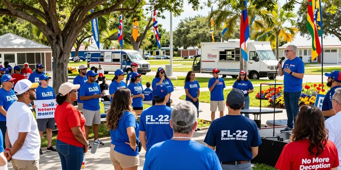Community rally supporting Casey Askar's political campaign for FL-22, showcasing engaged voters and lively atmosphere.