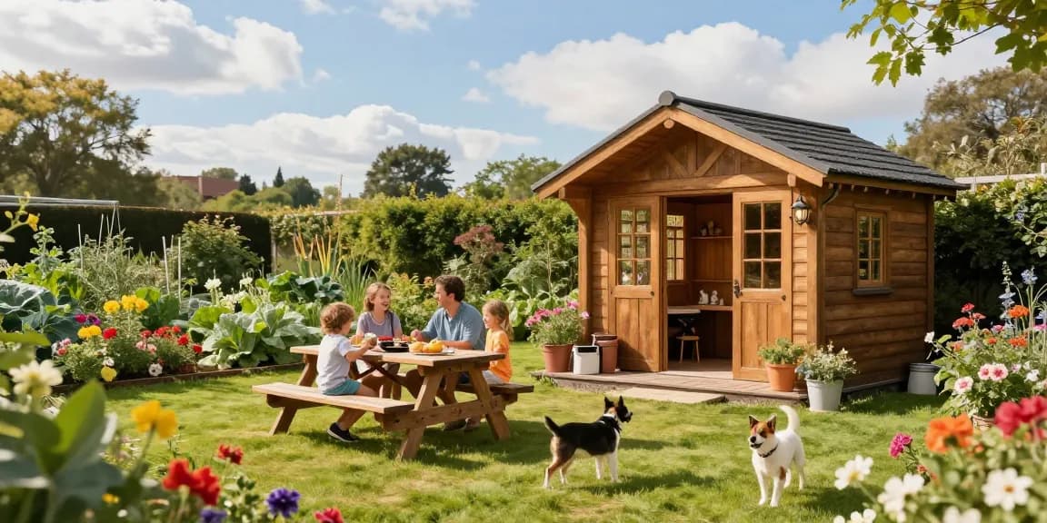 Wunderschönes Gartenhaus umgeben von blühenden Pflanzen und einer glücklichen Familie beim Grillen.