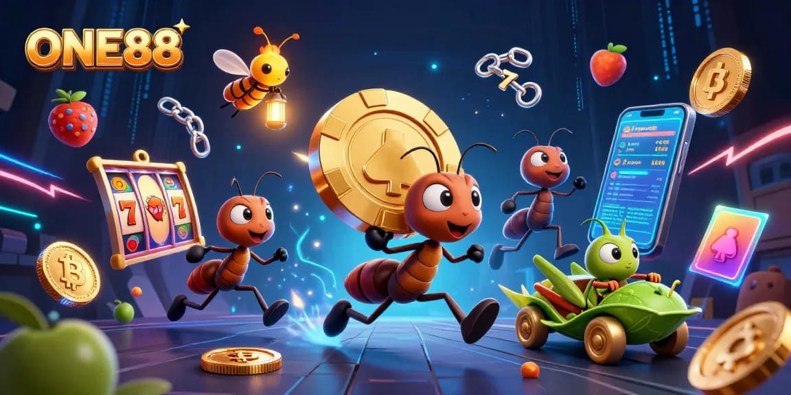 Experience the thrill of ONE88 as playful ants maneuver a giant poker chip in a vibrant casino heist.