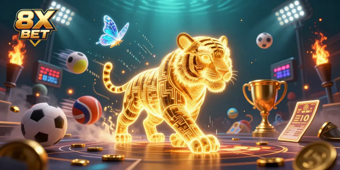 Experience thrilling games at 8X BET with golden tiger amidst dynamic sports betting elements.