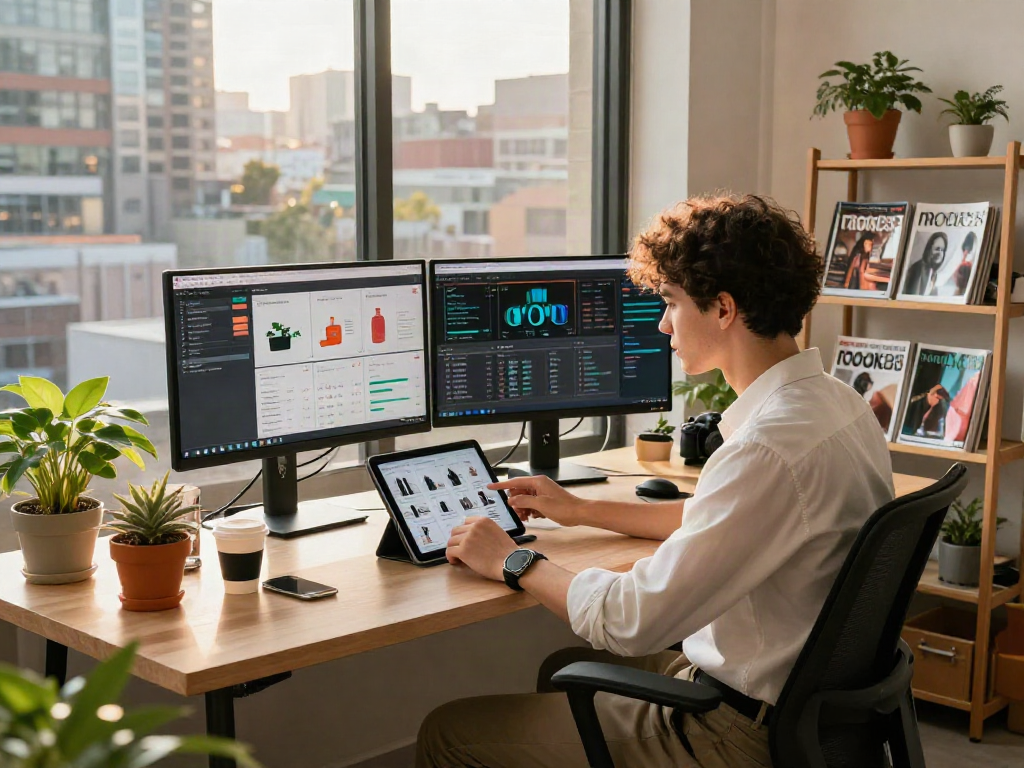 Creative workspace with data analytics for rokok88 trends, featuring stylish desk setup and vibrant city view.