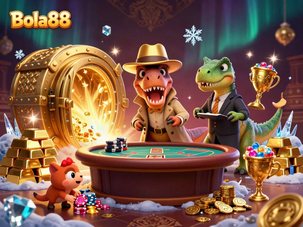 Bola88 casino illustration featuring a card counting velociraptor and jewels amidst blackjack excitement.