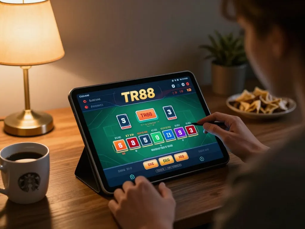 Player engaging with TR88's online blackjack app in a cozy home office.