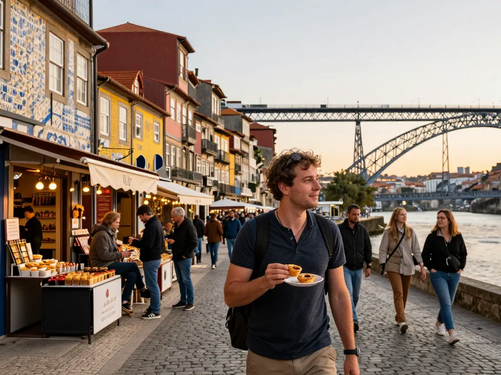 Reisetipps Porto: Ein pastel de nata genießen, während man die lebhaften Straßen am Douro-Fluss erkundet.