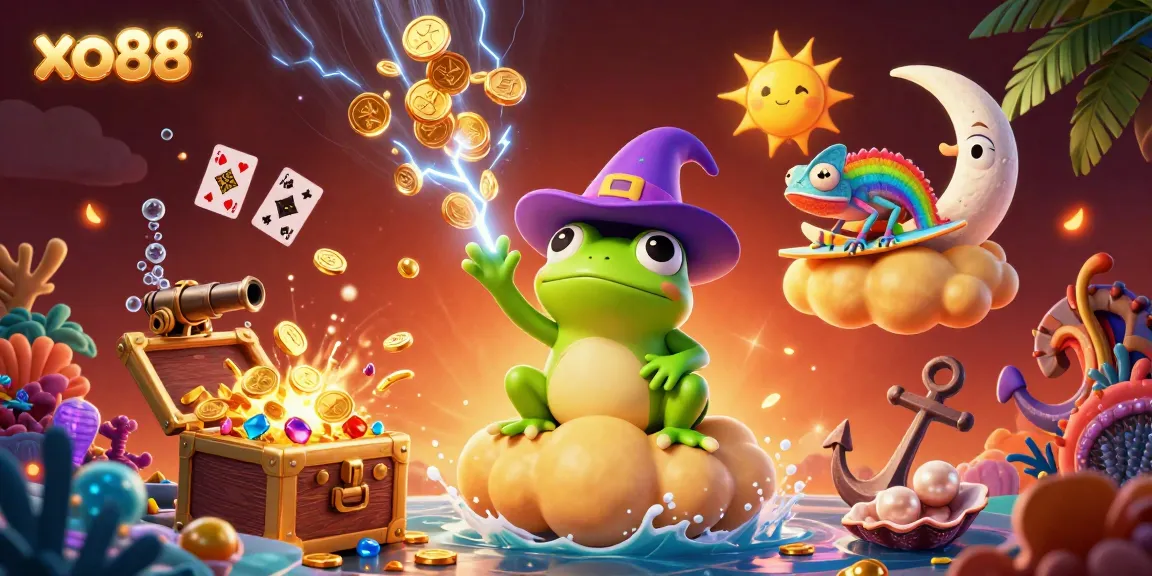 Experience the thrill at xo88 with a vibrant casino scene, showcasing a wizard frog and rainbow chameleon amidst gold coins.