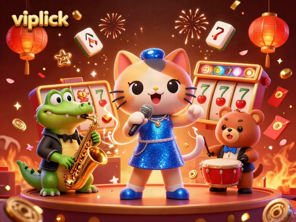 Experience thrilling gameplay with vipluck as cartoon characters entertain in vibrant casino atmosphere.