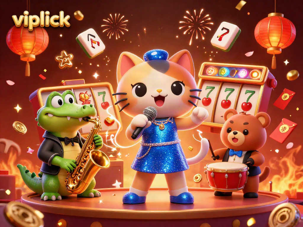 Experience thrilling gameplay with vipluck as cartoon characters entertain in vibrant casino atmosphere.