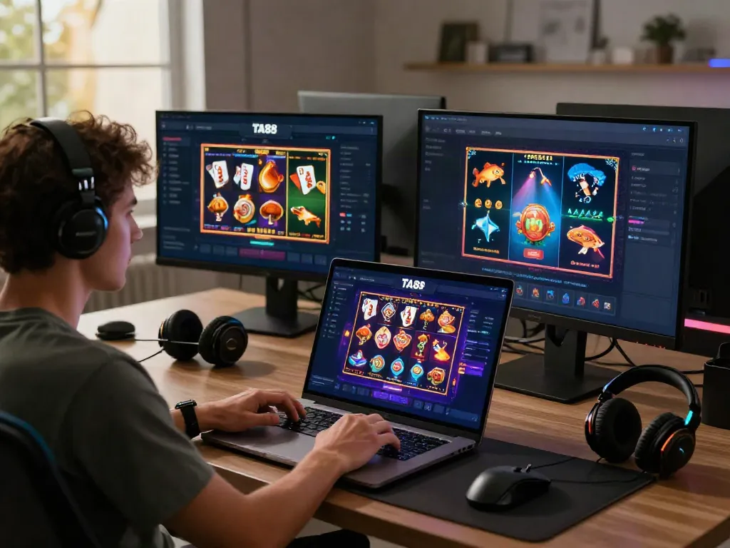 Engaged user exploring entertainment options on https://ta88.network/ in a vibrant digital setup.