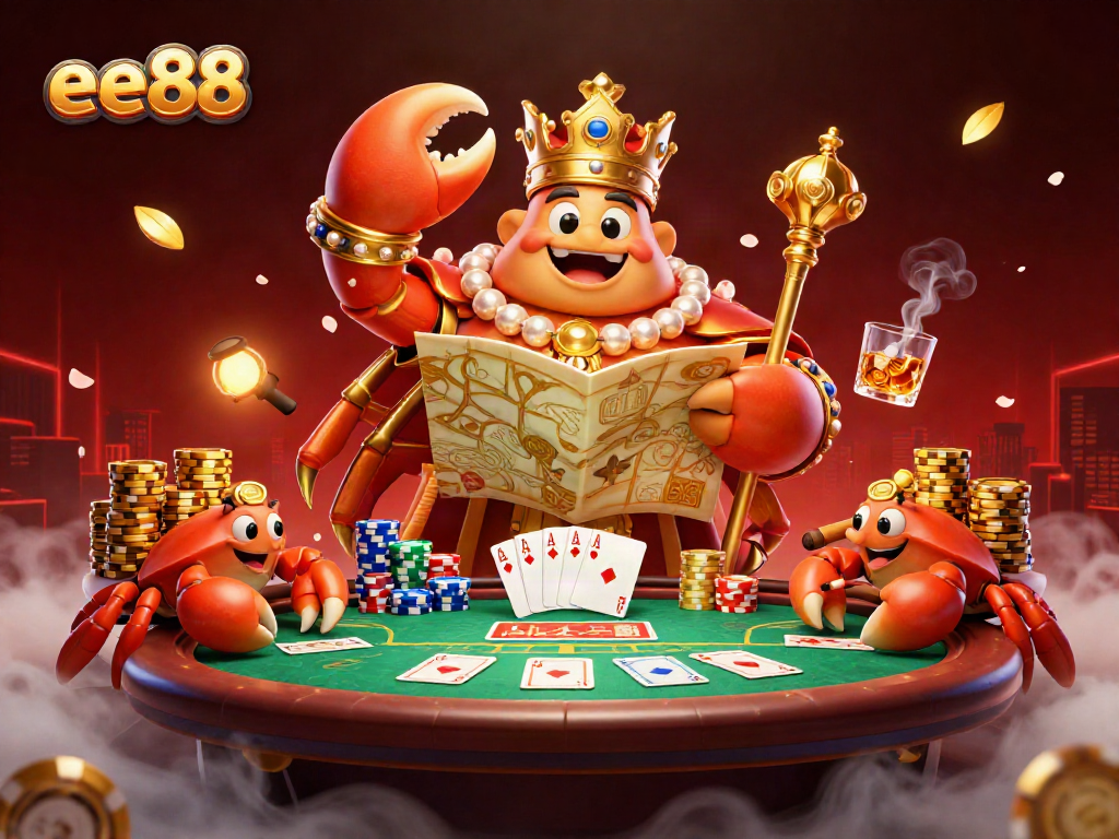 Join the adventure with ee88 as the golden crab emperor navigates a vibrant poker scene.