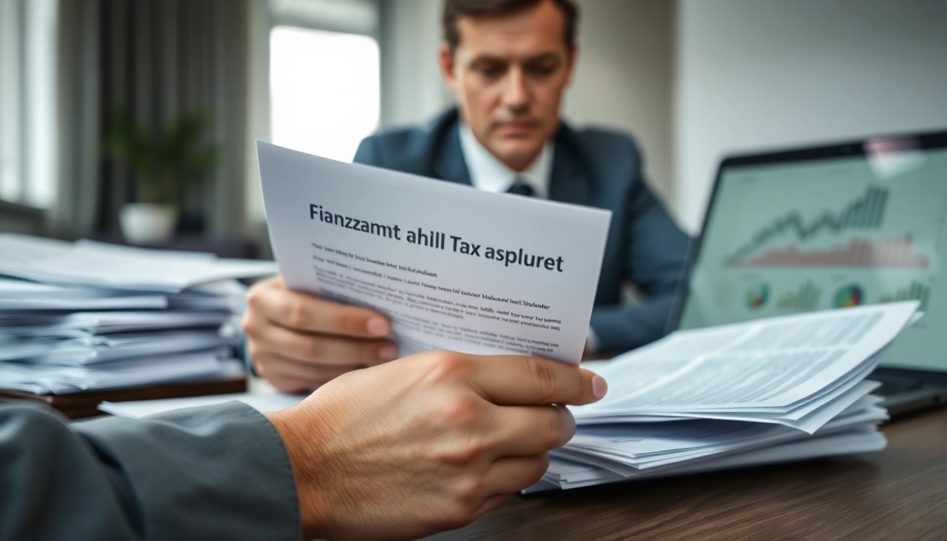 Behandlung von Finanzamt Schulden durch einen Fachmann mit Finanzunterlagen im Büro