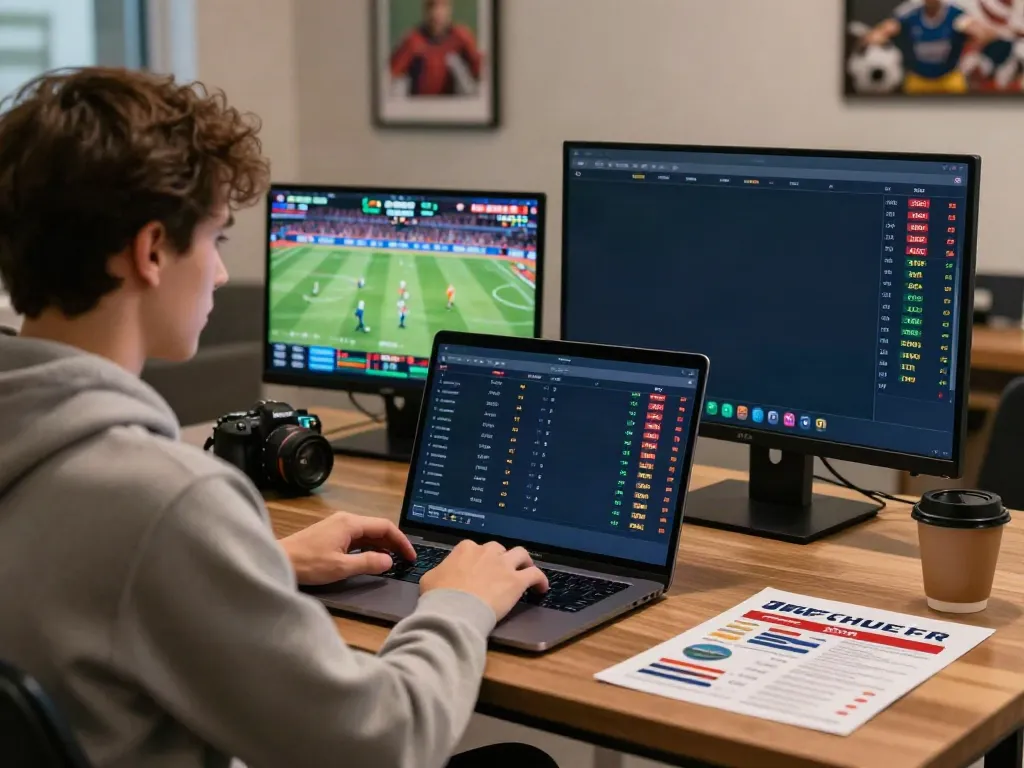Engaging online betting experience featuring Alternatif Bola88 displayed on a laptop amidst a vibrant sports atmosphere.