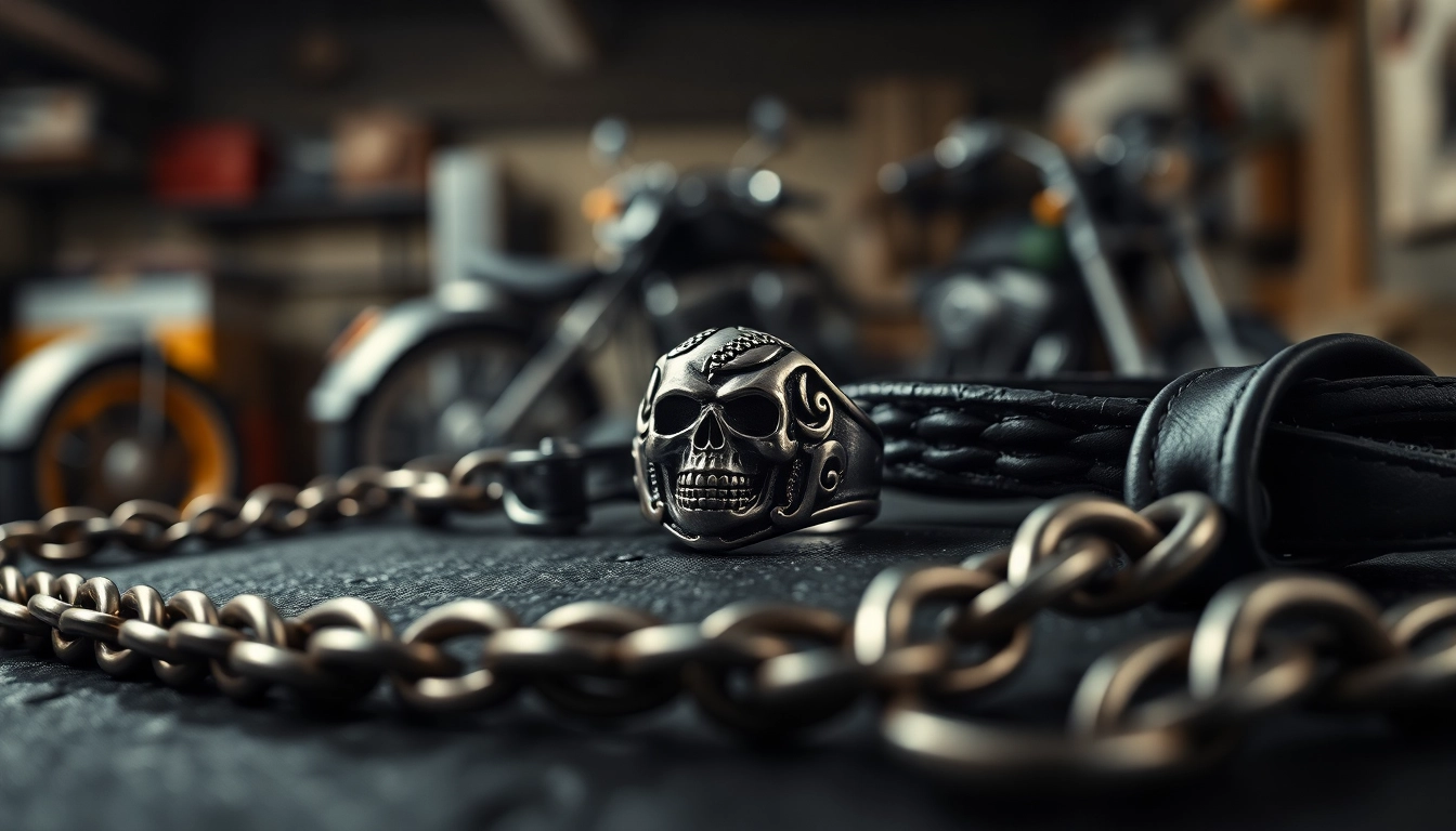 Bikerringshop präsentiert einen detaillierten Silberschädelring auf einer rauen Oberfläche.