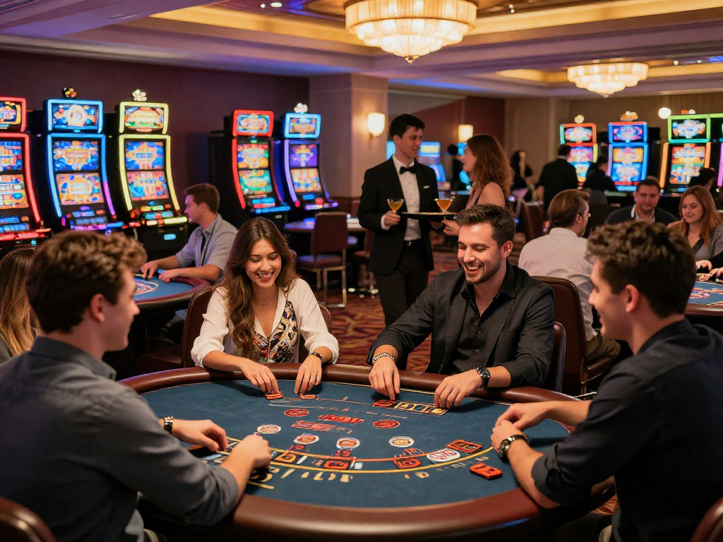 Experience gaming excitement at https://vin88-casino.games/ with players enjoying blackjack and vibrant slot machines.