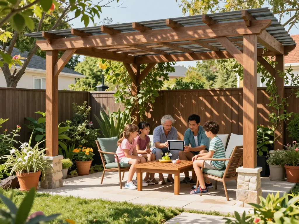Familie, die einen Pergola Konfigurator verwendet, um ihre maßgeschneiderte Gartenpergola in einer lebhaften Außenumgebung zu gestalten.