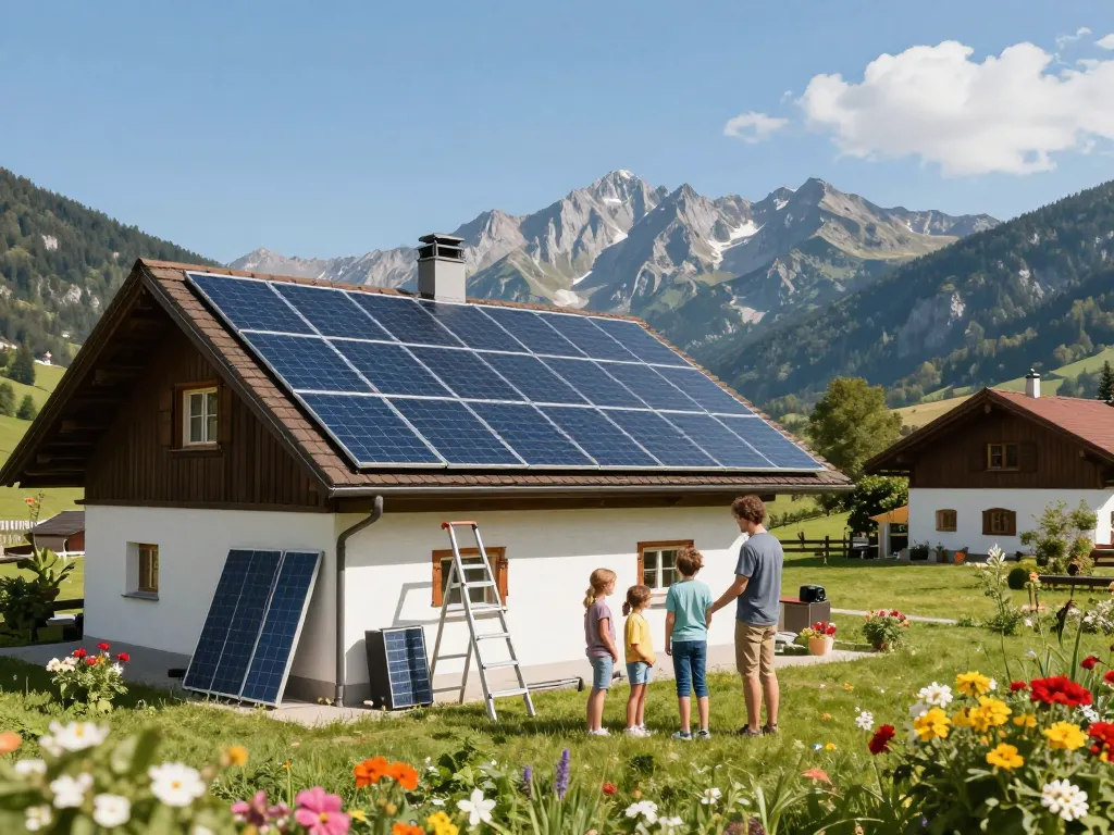 Photovoltaik Bayern Solarpanels auf einem bayerischen Haus mit Bergen, die grüne Energie fördern.